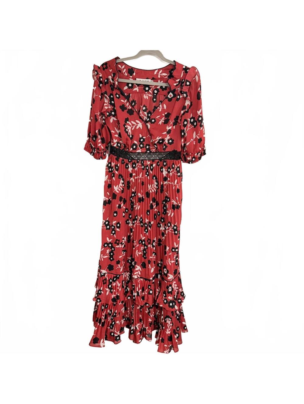 Self-Portrait Red Floral Midi Dress with Pleated Skirt and Ruffle Hem
